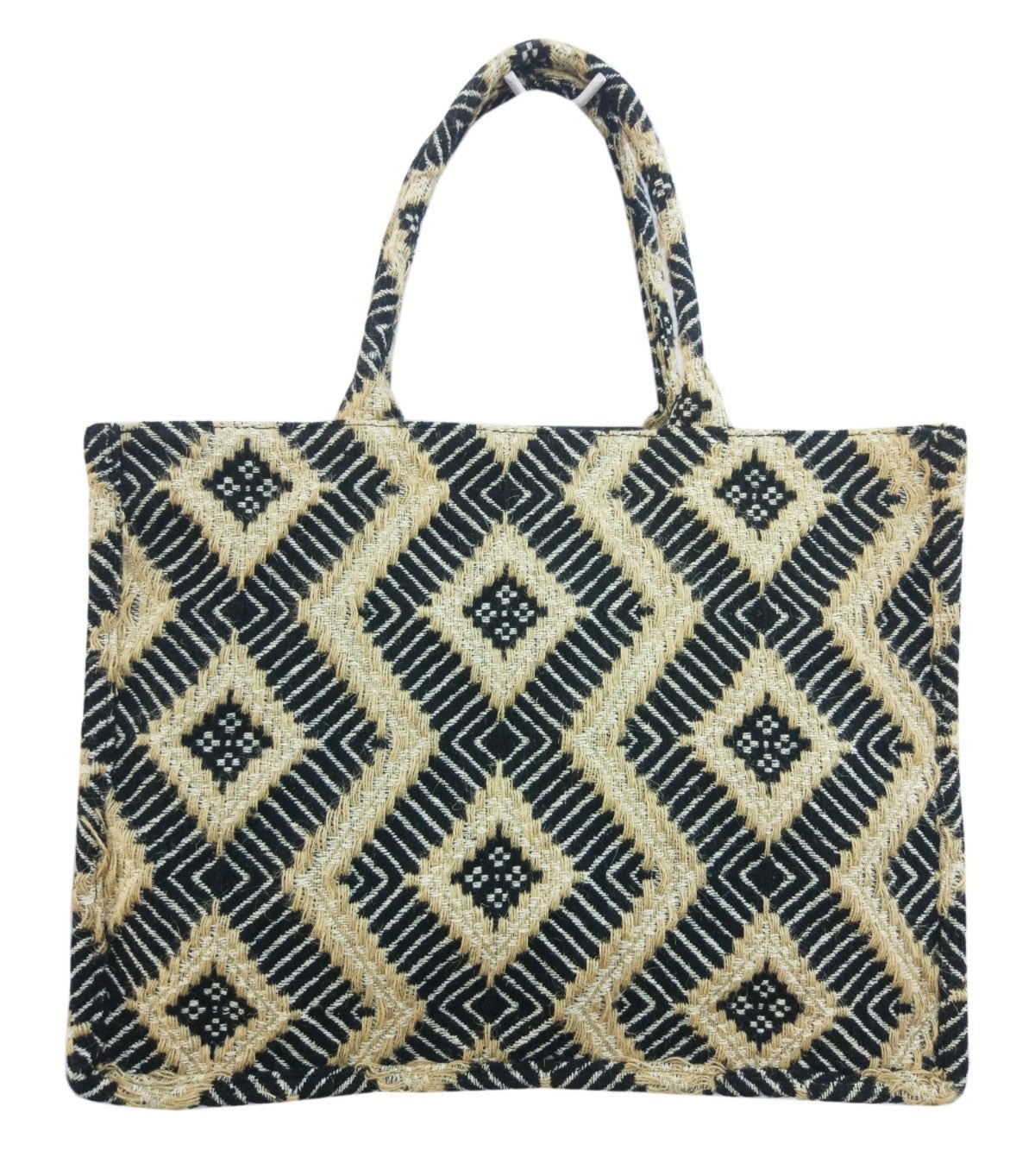 PRIMROSE Jute Tote Bag, Black and Natural Diamond Pattern, Handwoven