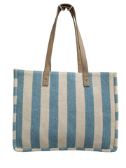 PRIMROSE Striped Canvas Tote Bag with Blue and Beige